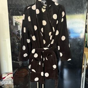 PINK Victoria's Secret Black Plush Robe with White Polka Dots